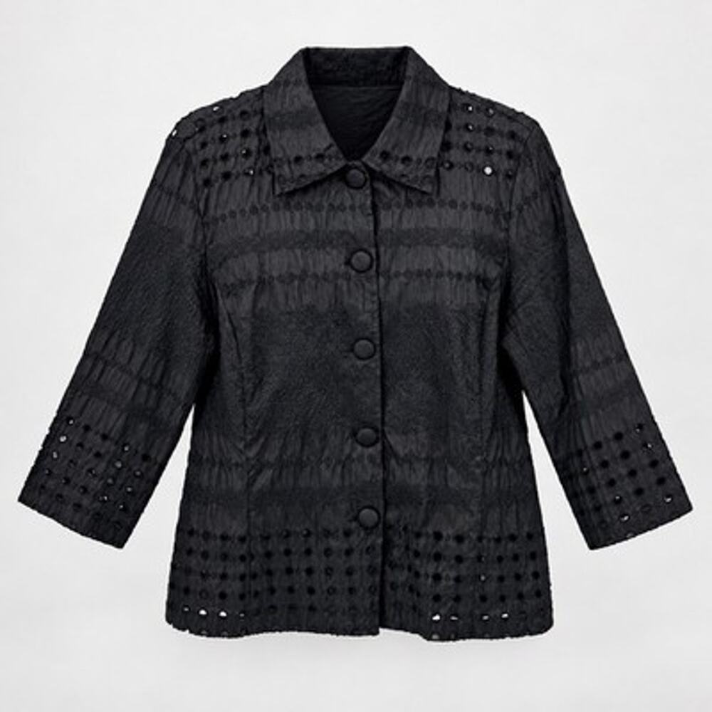 Chicos Eyelet Button Up Top Large Black 3/4 Sleeves Classic Topper Blouse